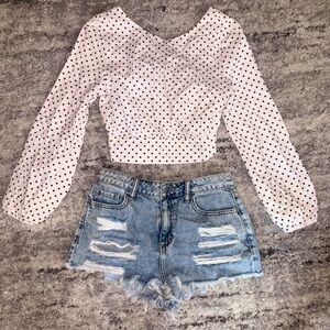 Polka Dot Long Sleeve Crop Top - White with Black Dots